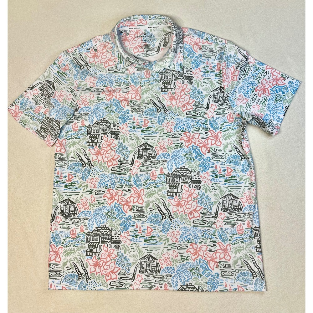Rorie Whelan Mens XL Tropical Island Print Golf Polo Shirt Pink Blue White